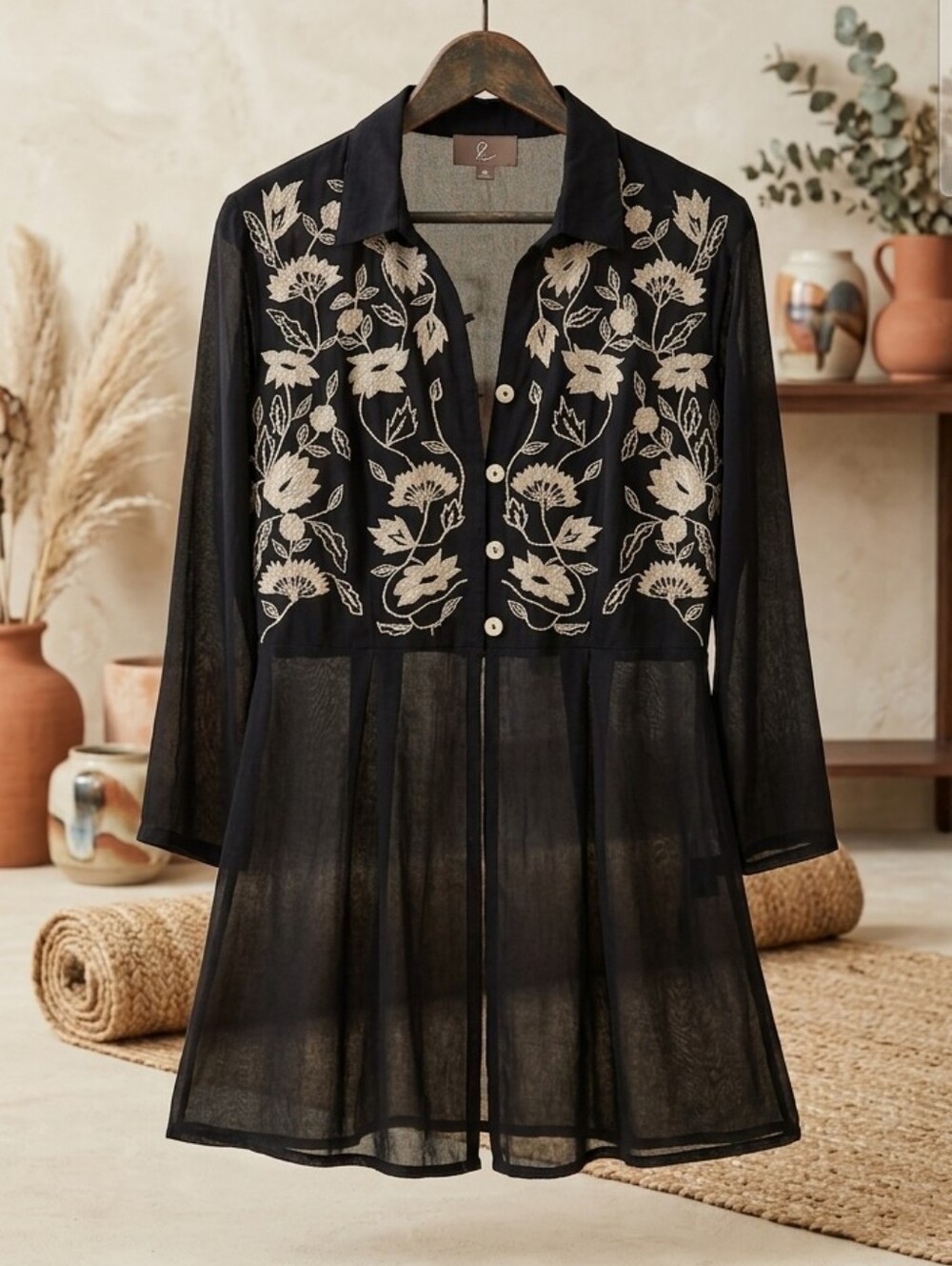 Embroidered Black Floral Button-Front Blouse